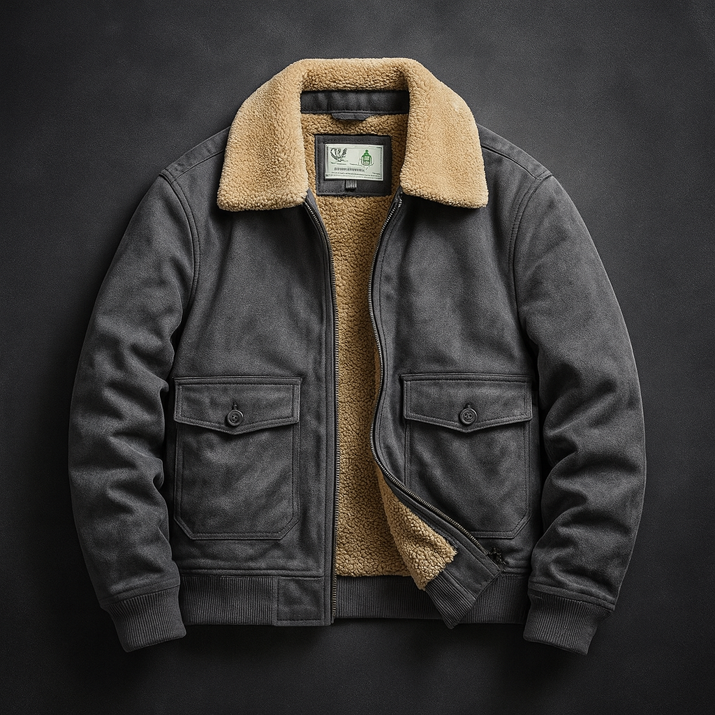 Gray jacket with beige shearling collar and lining on a dark background