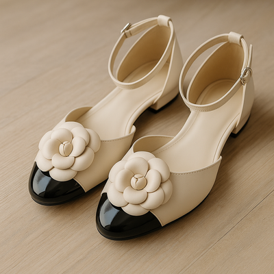 Pair of beige shoes with floral decorations on a wooden surface