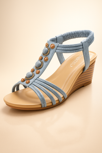 Blue sandal with decorative elements on a beige background