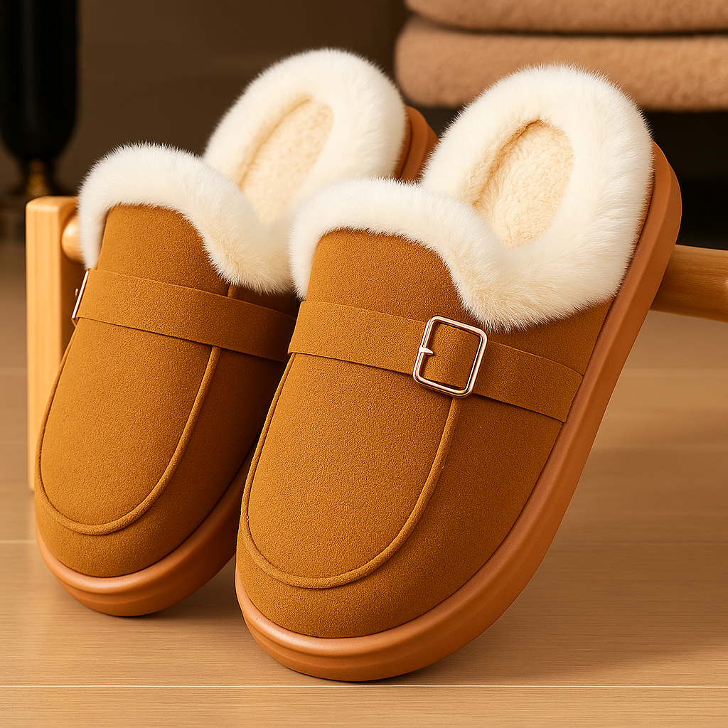 Pair of brown slippers with white fur lining on a wooden surface