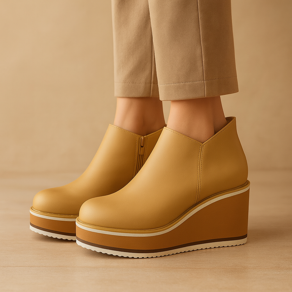 Yellow platform boots worn with beige pants on a beige background