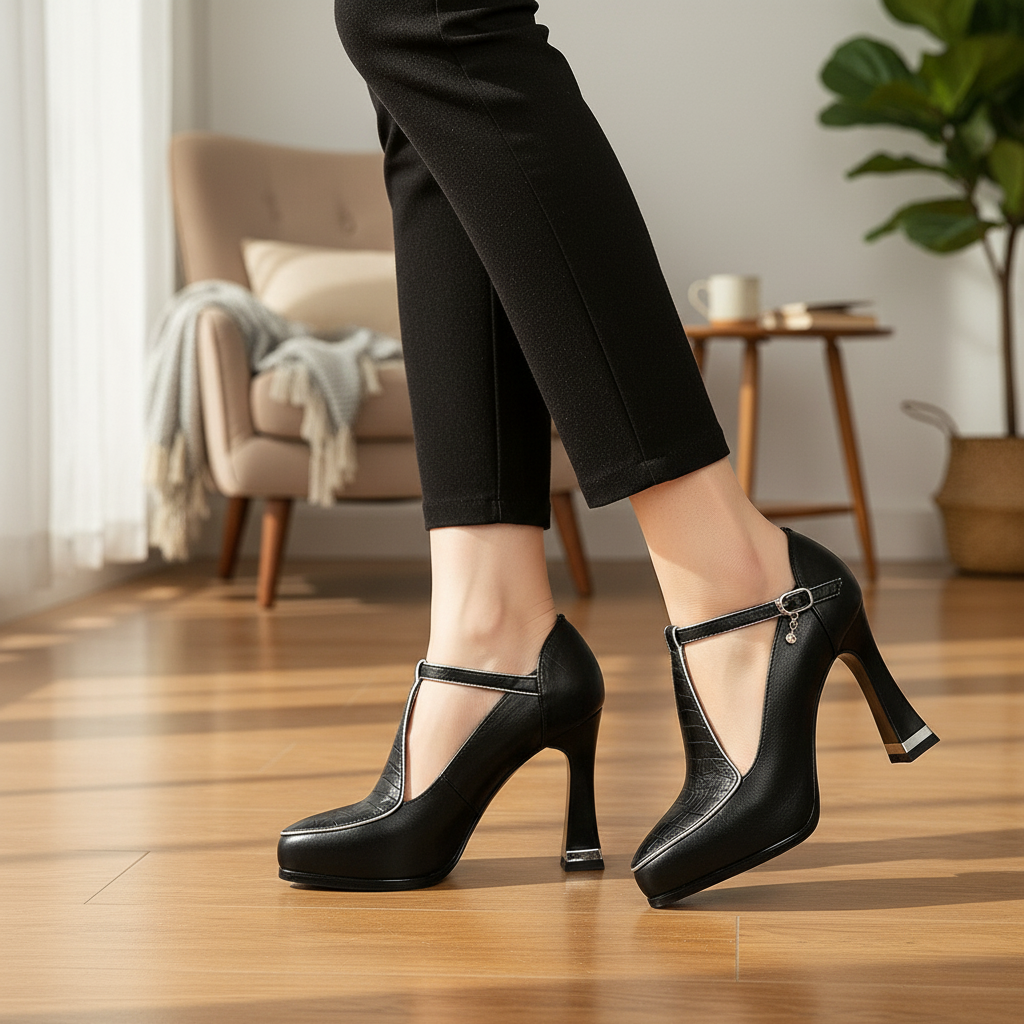Black high-heeled shoes worn indoors on a wooden floor.