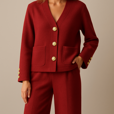 Red suit with gold buttons on a beige background