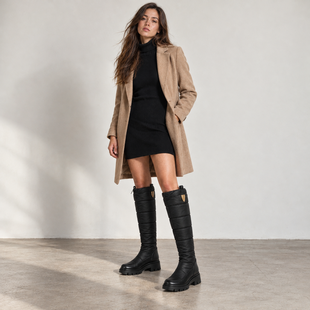A woman stands in a minimalist studio wearing a beige mid-length coat over a black turtleneck dress, paired with black quilted knee-high boots.