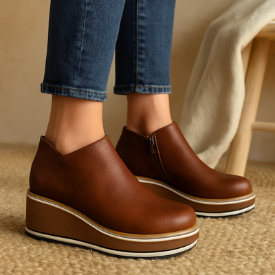 Brown wedge shoes worn with blue jeans on a neutral background