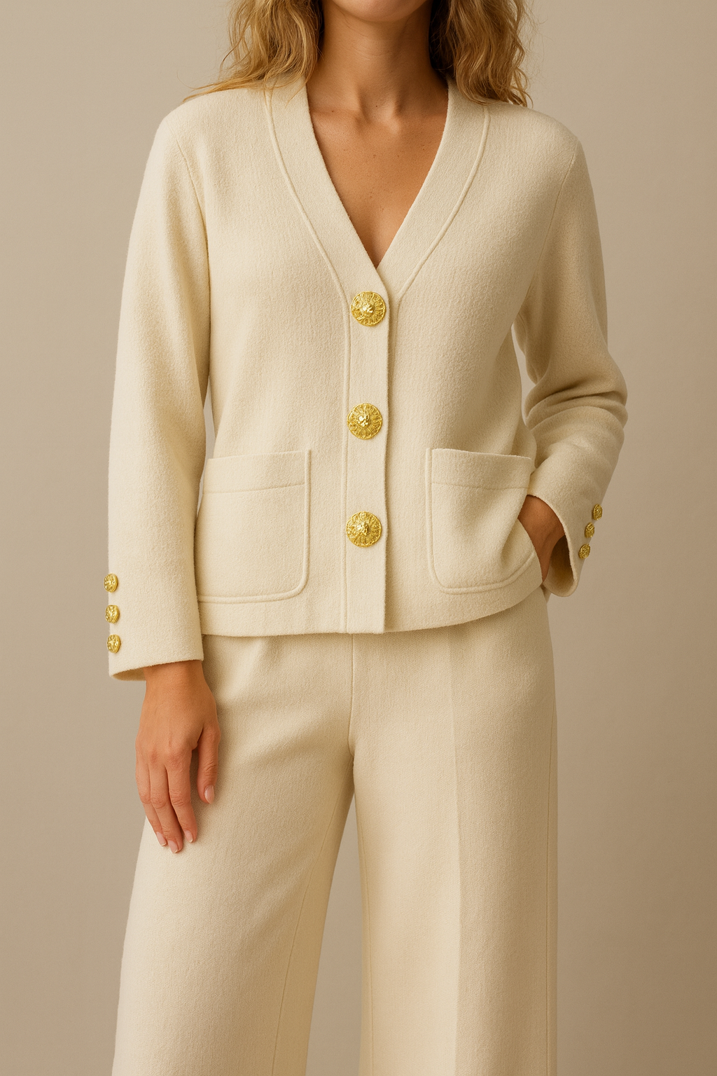 Beige suit with gold buttons on a neutral background
