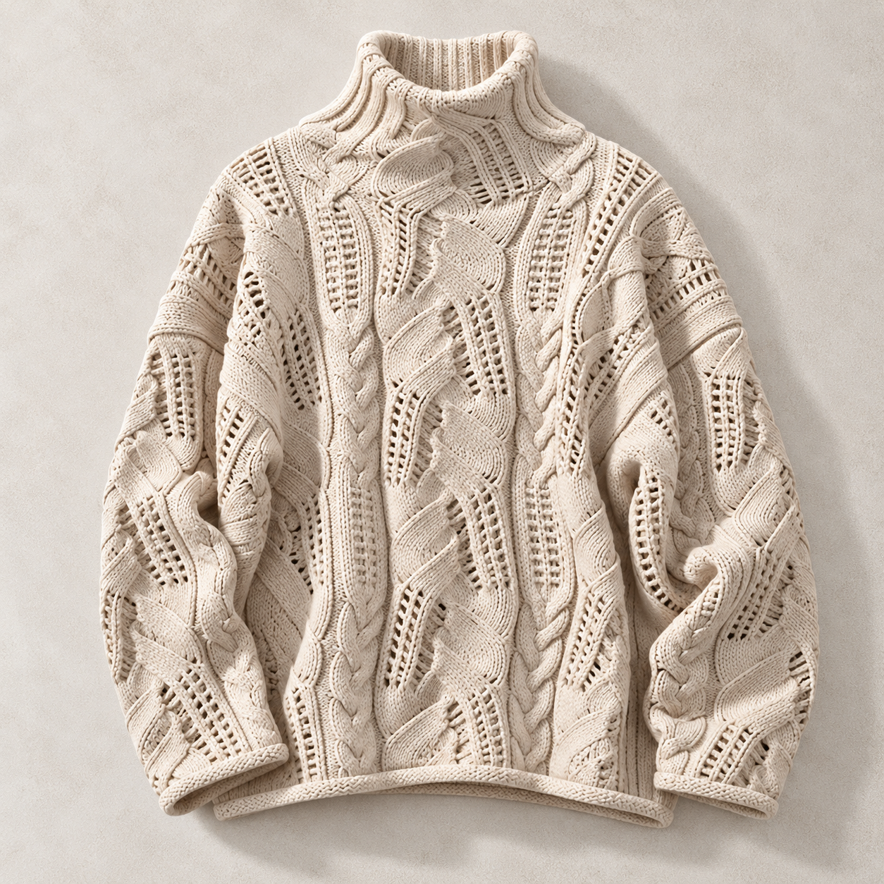 A cream-colored cable-knit turtleneck sweater with intricate textured patterns, laid flat on a neutral light gray background.