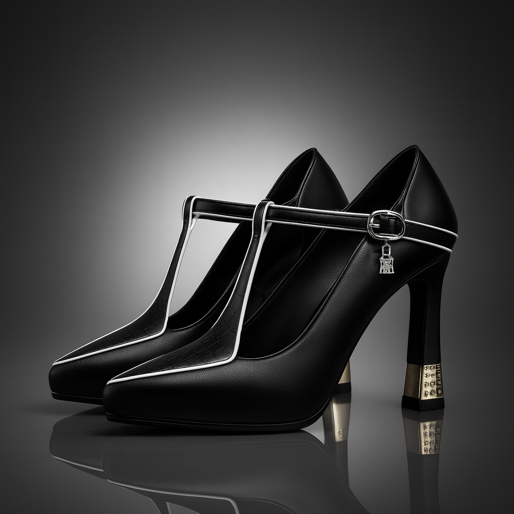 Black high-heeled shoes with a strap on a reflective surface