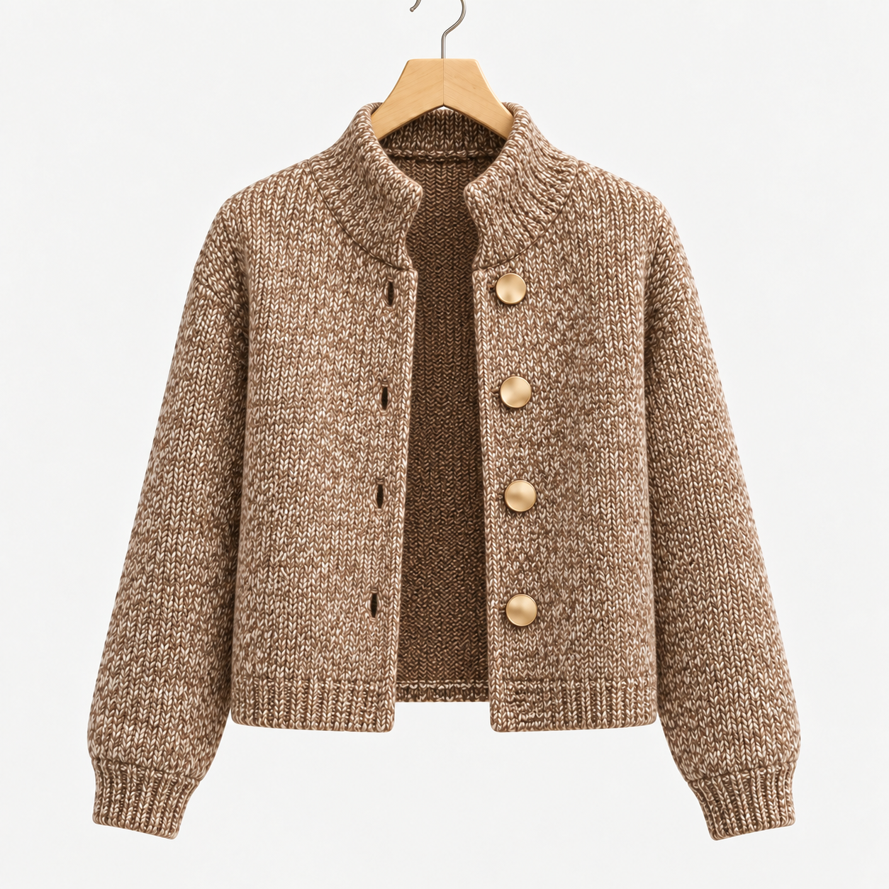 A brown marled knit cardigan sweater with a mock neck and four large wooden buttons, hanging on a wooden hanger against a light gray background.