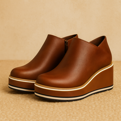 Pair of brown wedge shoes on a beige background