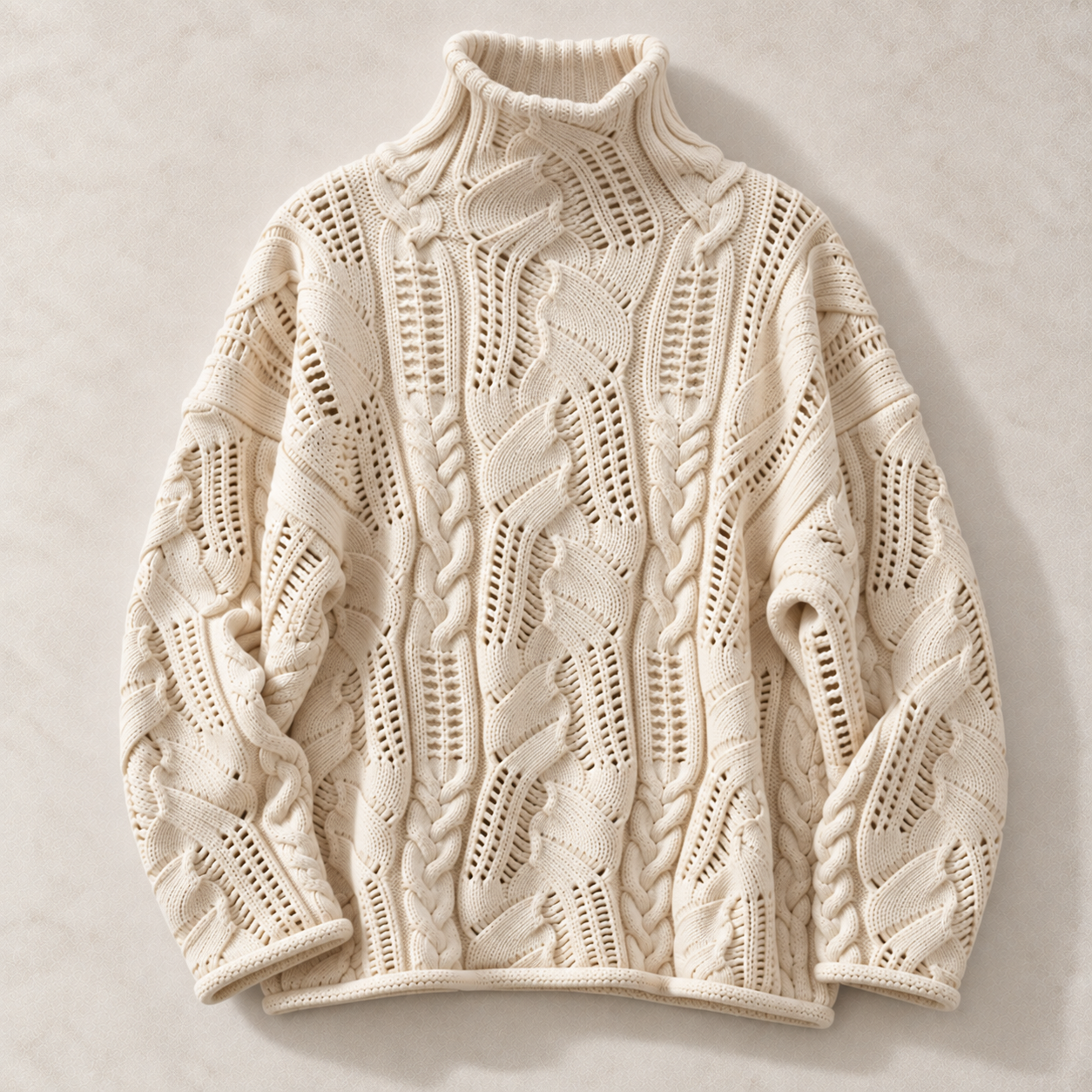 A cream-colored, high-knit cable-trellis turtleneck sweater laid flat on a textured beige background.