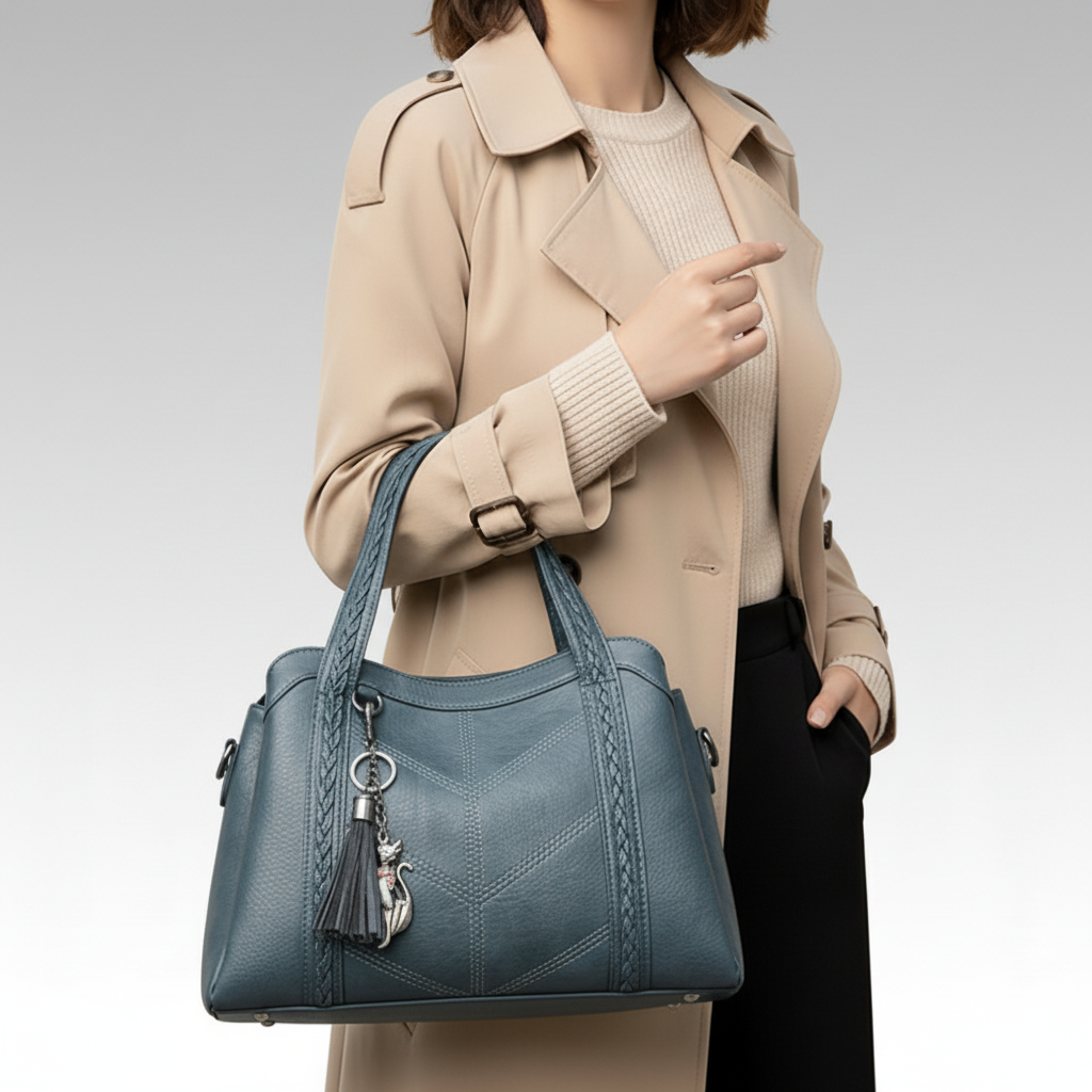 Person holding a blue handbag against a neutral background