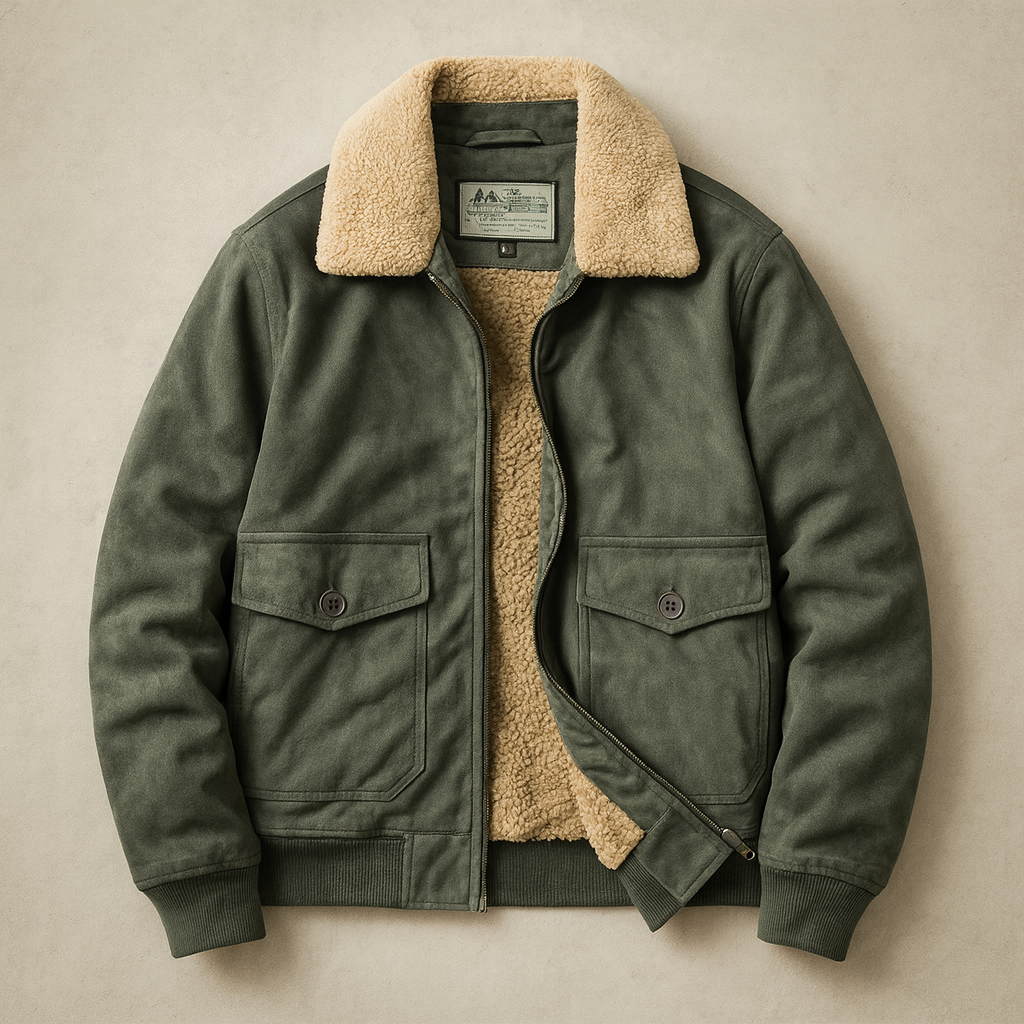 Green jacket with beige sherpa lining on a beige background