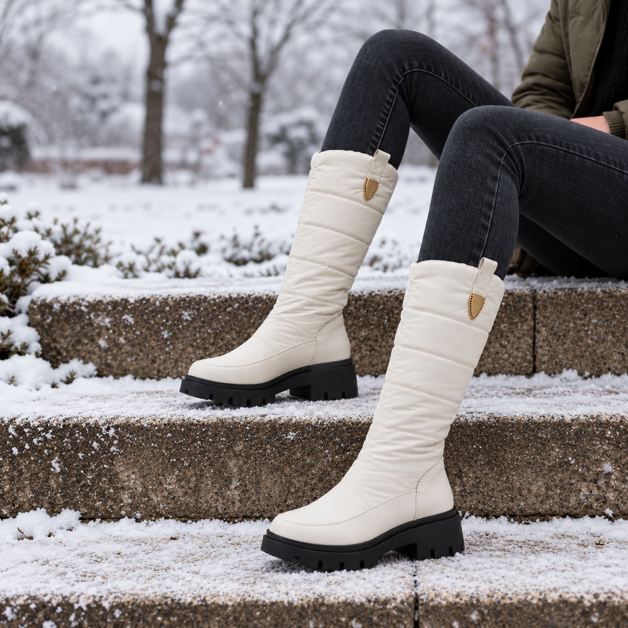 A person seated on outdoor stone steps in the snow wears a pair of tall quilted off-white winter boots with black lug soles and small tan shield-shaped pull tabs.