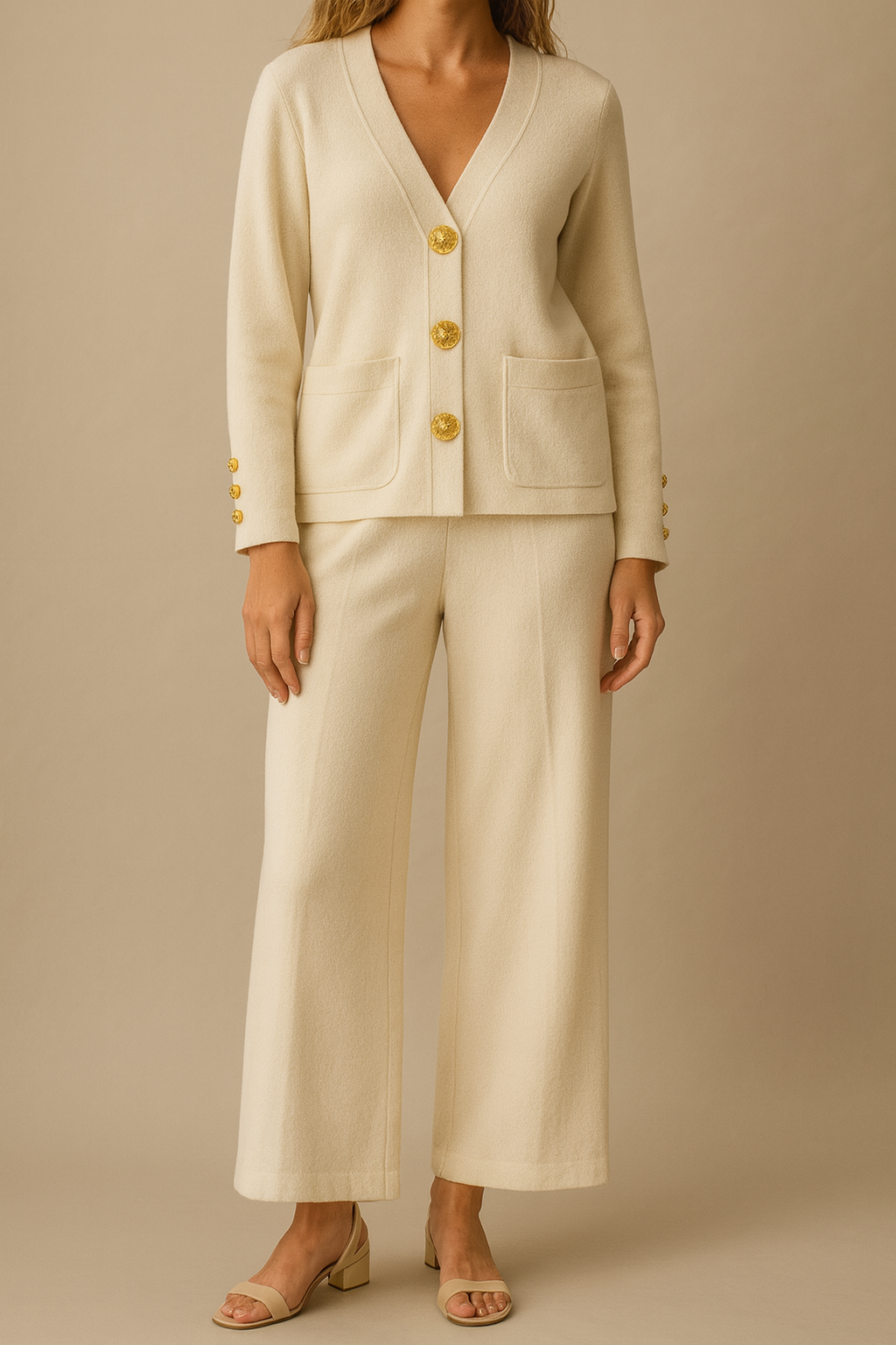 Beige suit with gold buttons on a beige background