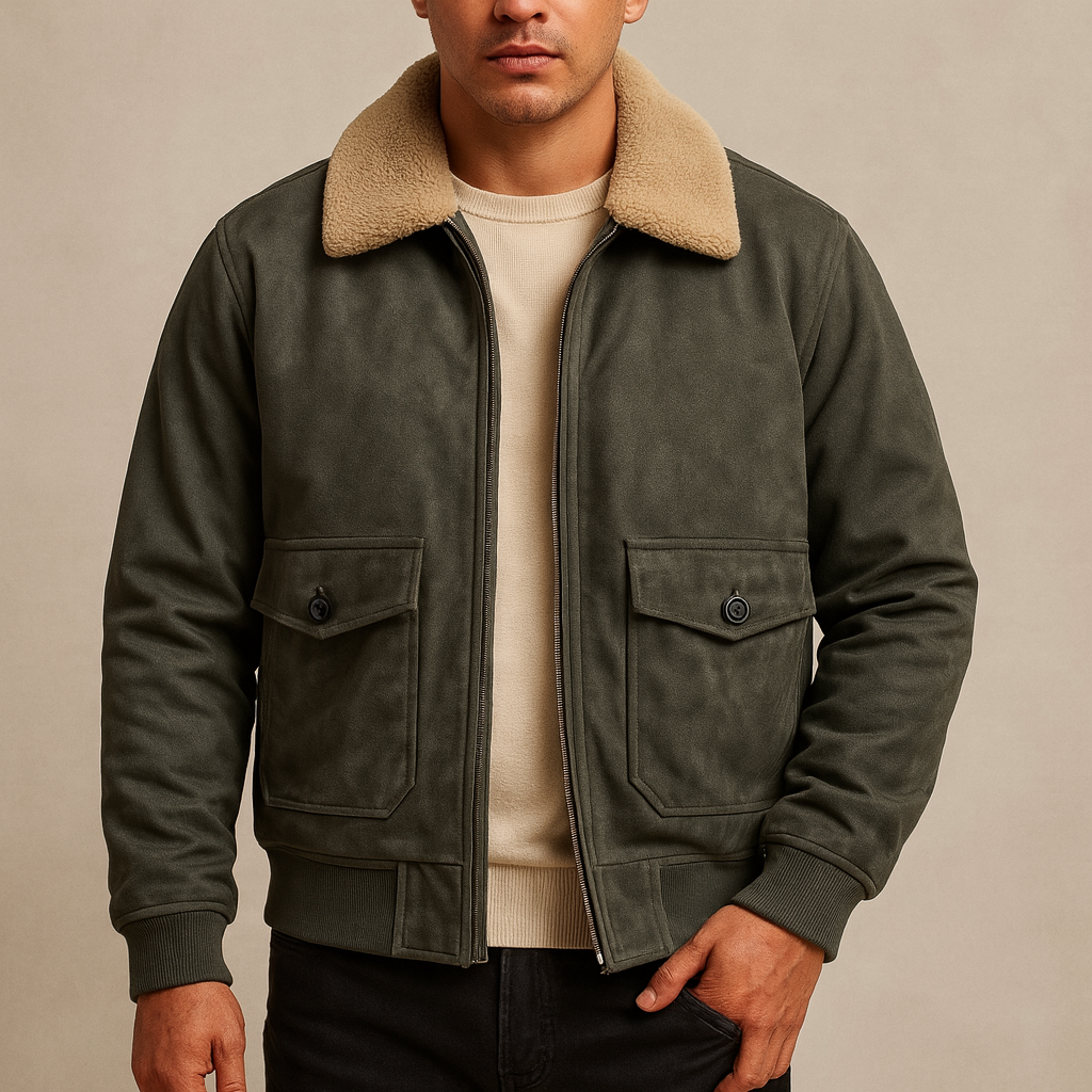 Man wearing a green jacket with a beige fur collar against a beige background