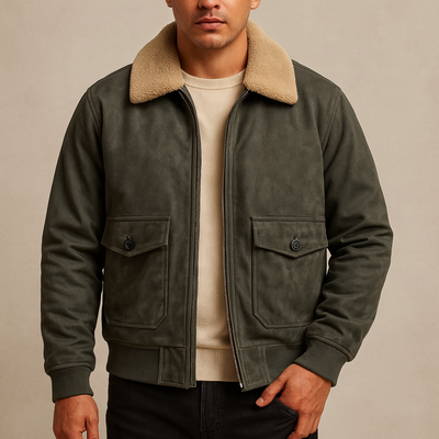 Man wearing a green jacket with a beige fur collar against a beige background