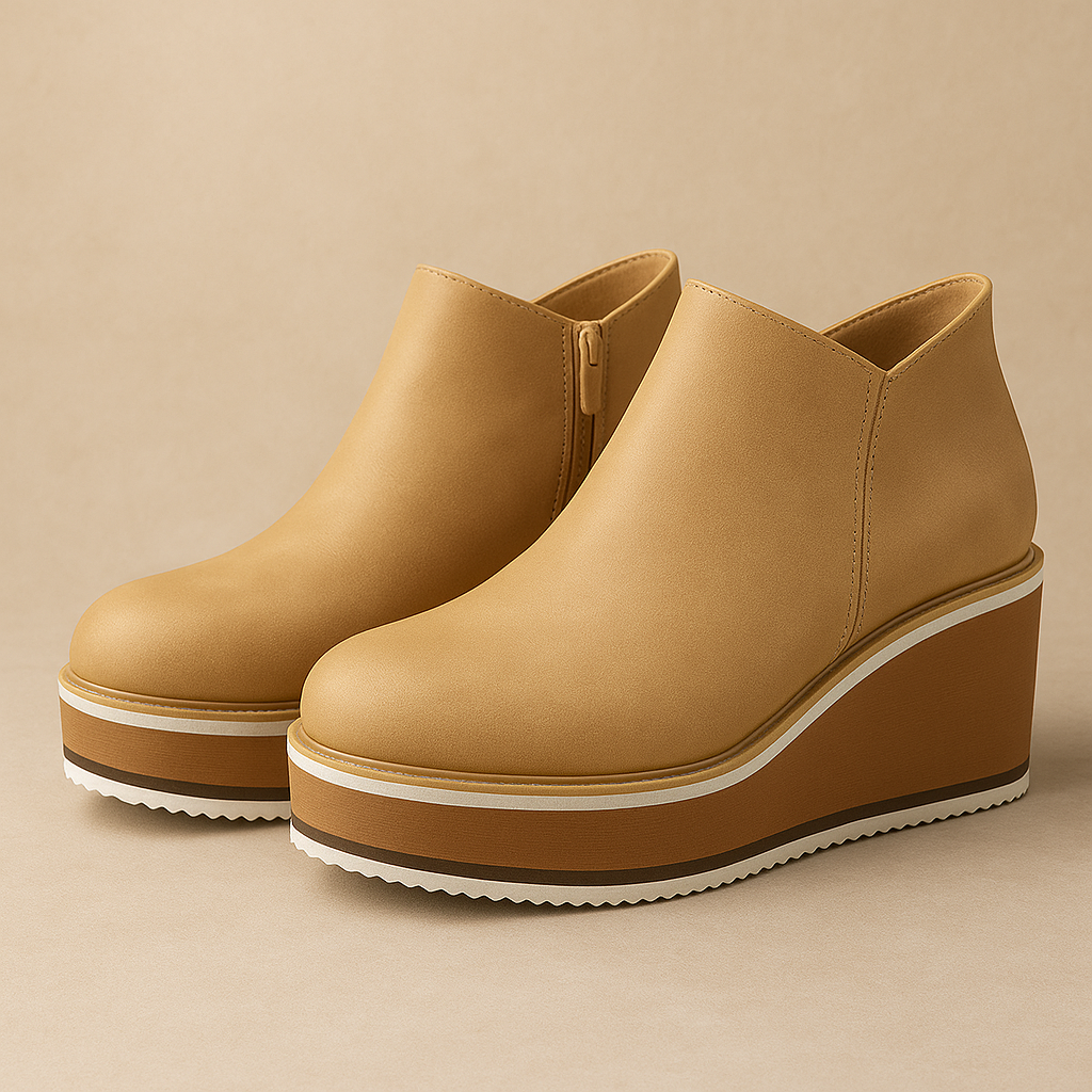 Tan platform ankle boots on a beige background