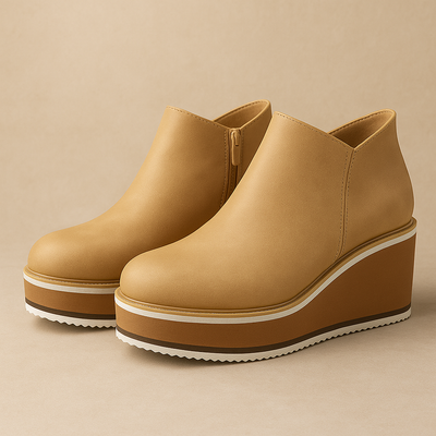 Tan platform ankle boots on a beige background