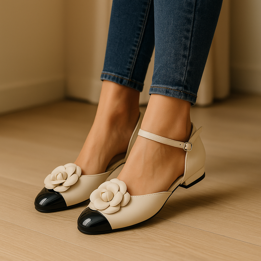 Beige shoes with floral details worn by a person on a wooden floor.