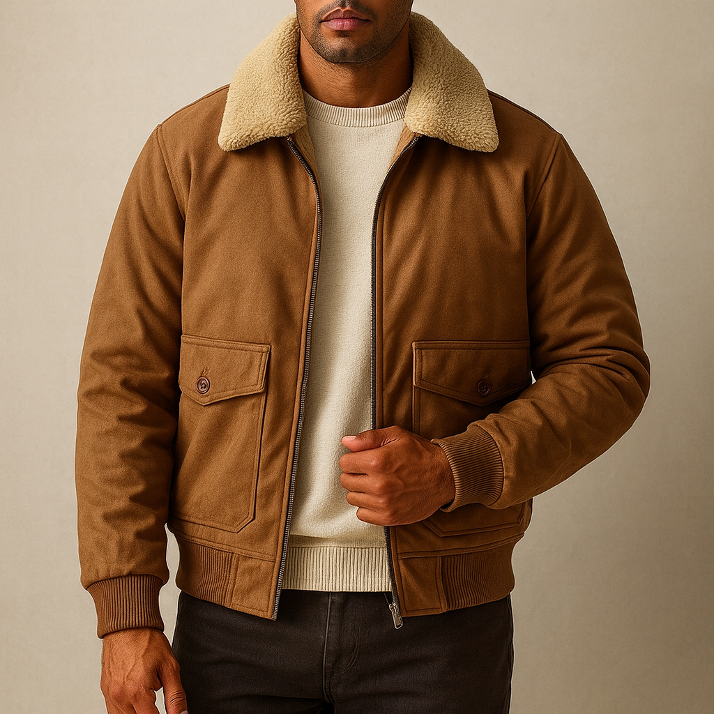 Man wearing a brown jacket with a beige collar against a neutral background