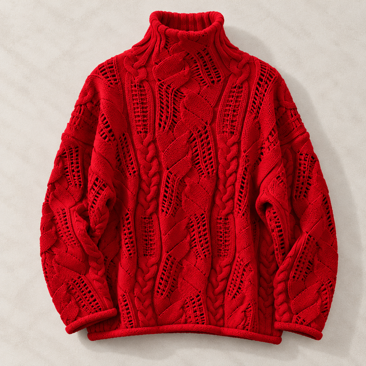 A bright red cable-knit turtleneck sweater with intricate openwork patterns, laid flat on a light beige textured background.