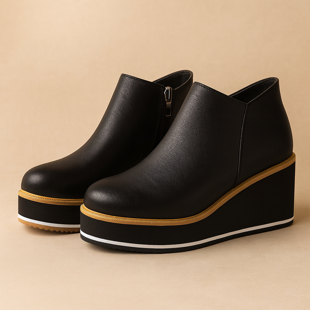 Black wedge shoes with gold trim on a beige background