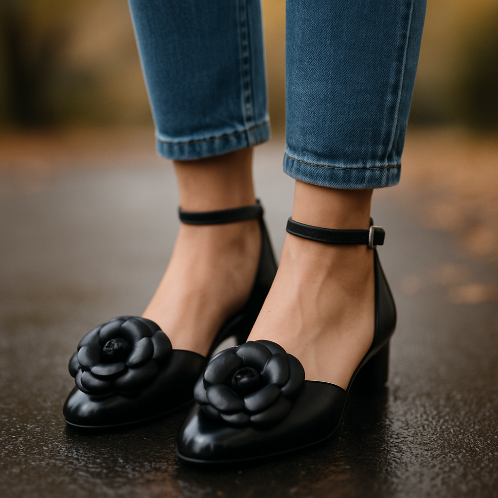Black shoes with floral details worn with blue jeans on a blurred background
