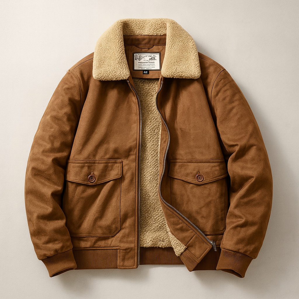 Brown jacket with beige sherpa lining on a light beige background