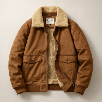 Brown jacket with beige sherpa lining on a light beige background