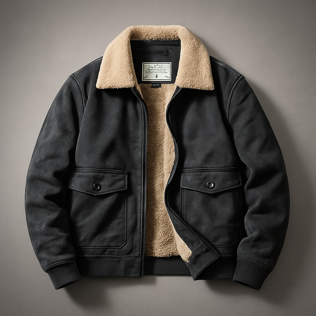 Black jacket with beige shearling collar on a gray background