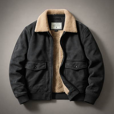 Black jacket with beige shearling collar on a gray background