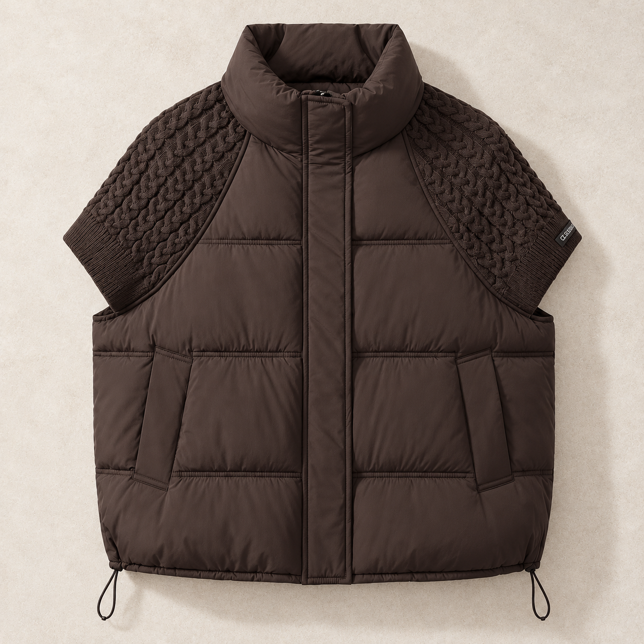 A dark brown puffer vest with a high mock neck, front zipper, and textured knit shoulder panels, laid flat on a light beige background.