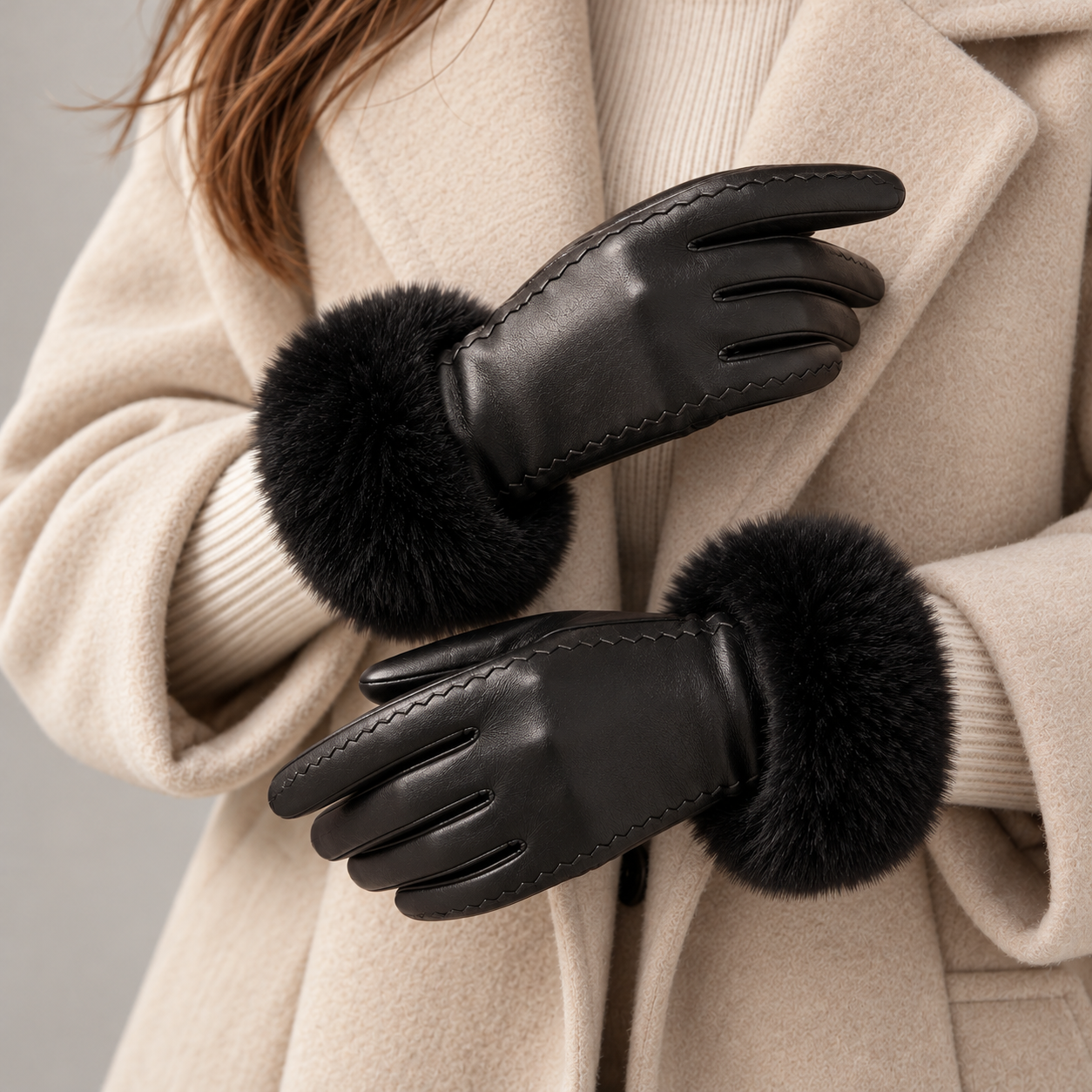 Black leather gloves with fluffy black faux-fur cuffs, worn on a model&