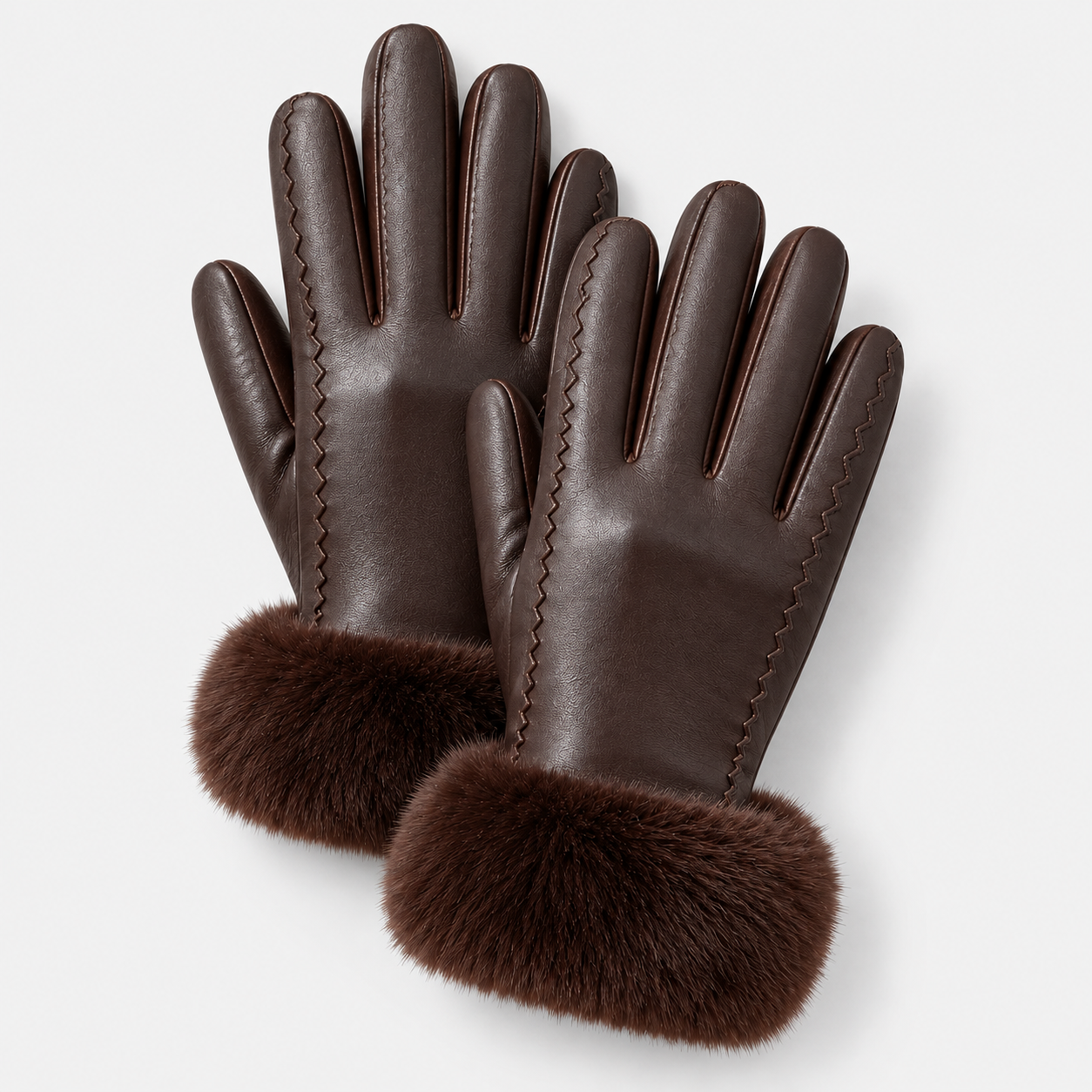 A pair of dark brown leather gloves with matching faux fur cuffs, displayed on a clean light gray background.