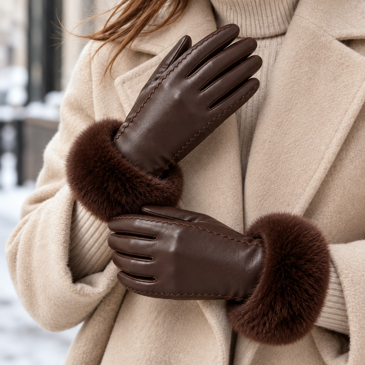 A close-up of a person wearing dark brown leather gloves with thick brown faux fur cuffs, shown against a beige coat in an outdoor winter setting.