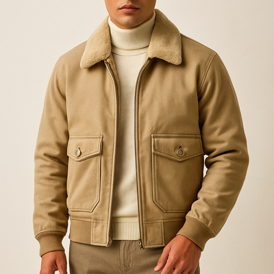 Beige jacket with a fur collar worn by a person on a beige background