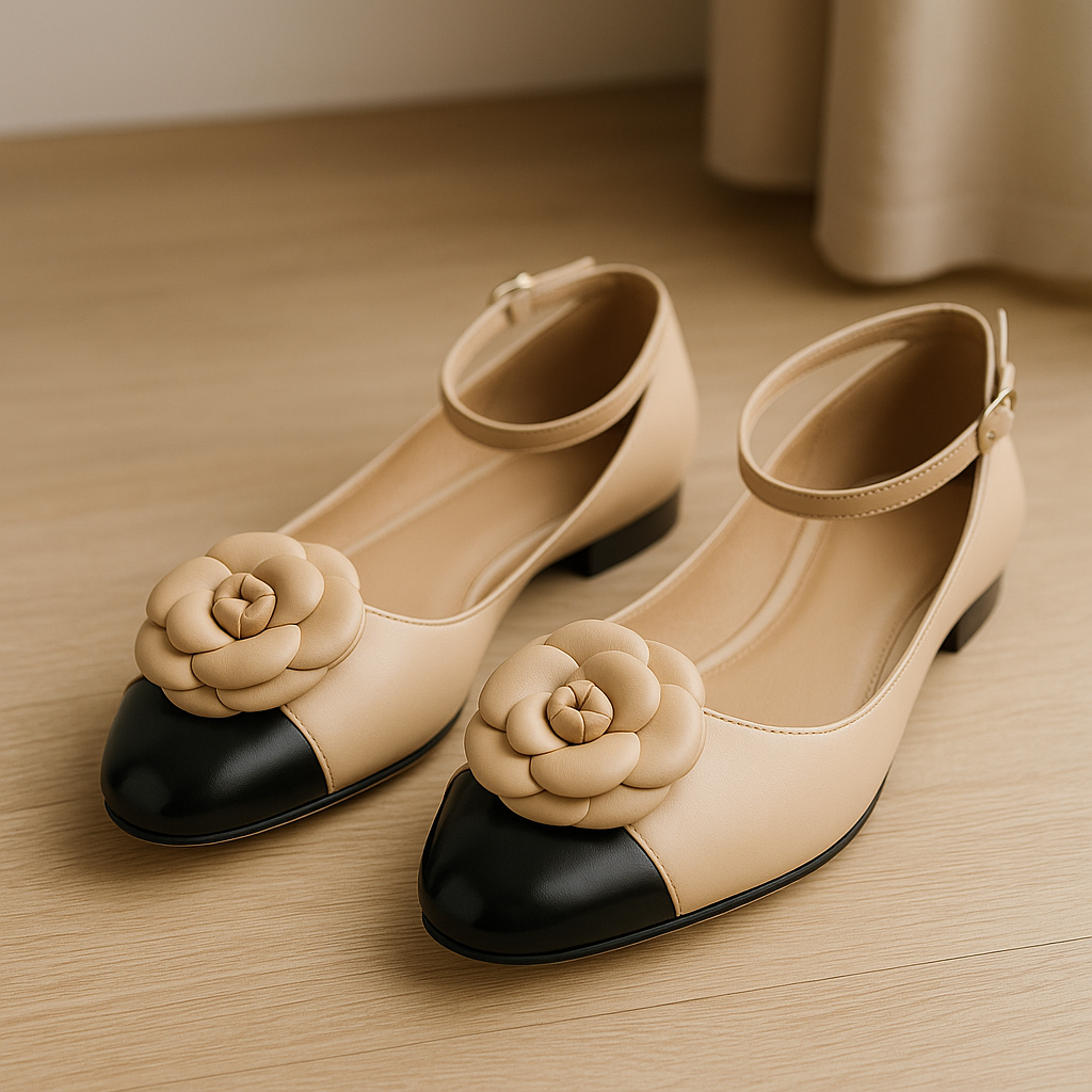 Pair of beige shoes with black toes and flower decorations on a wooden surface.