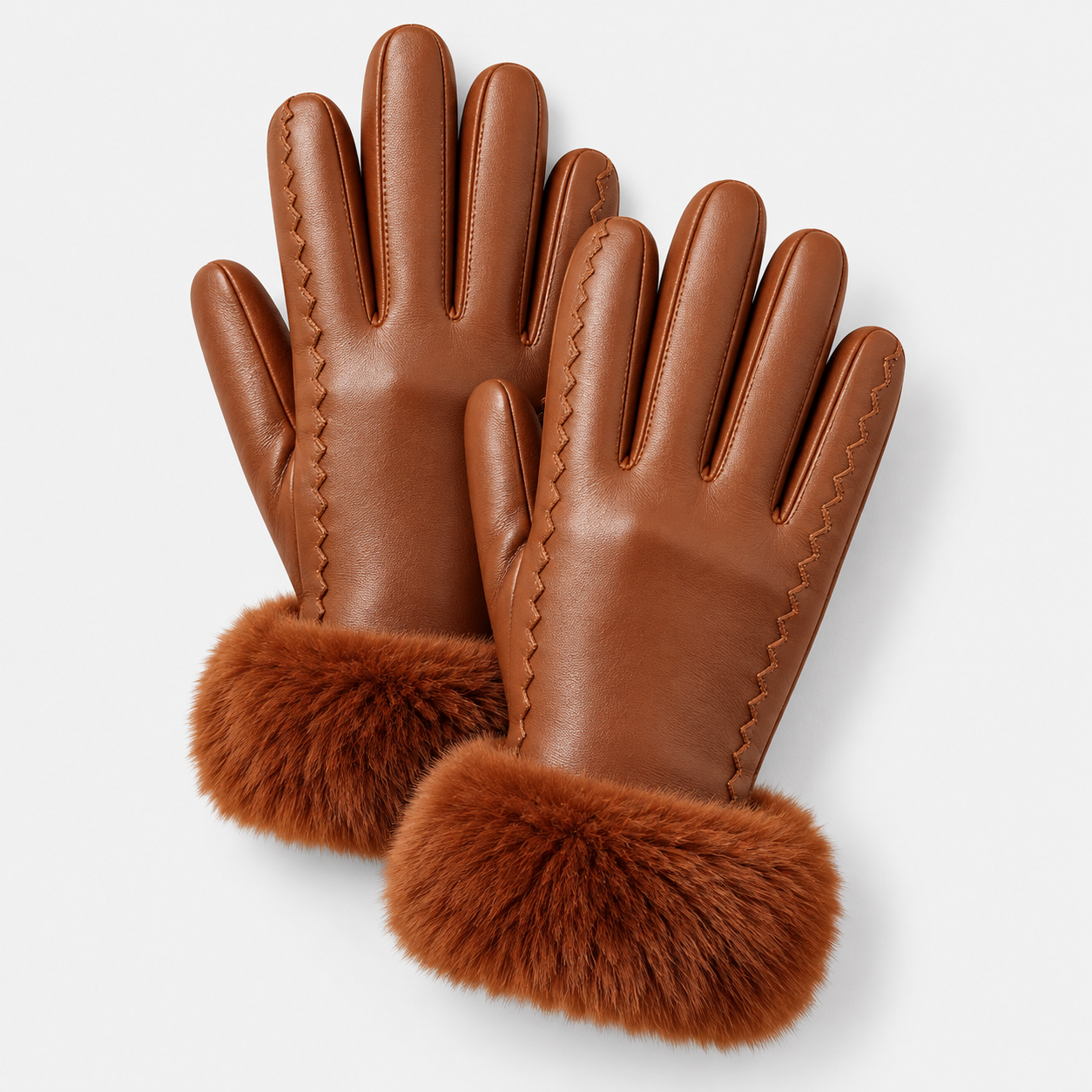A pair of brown leather gloves with a soft brown faux-fur cuff, displayed on a clean light gray background.