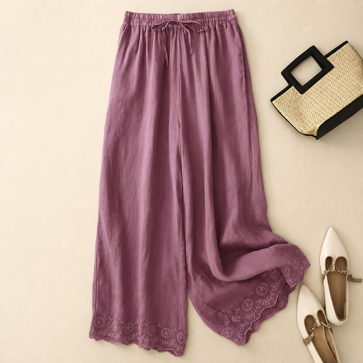 Lace Hem Wide Leg Linen Pants