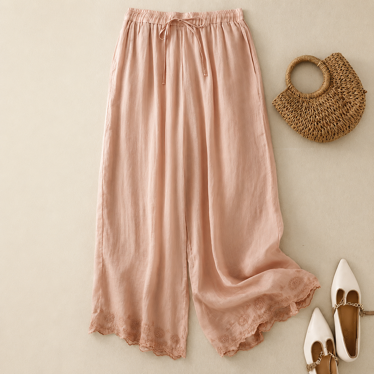 Lace Hem Wide Leg Linen Pants