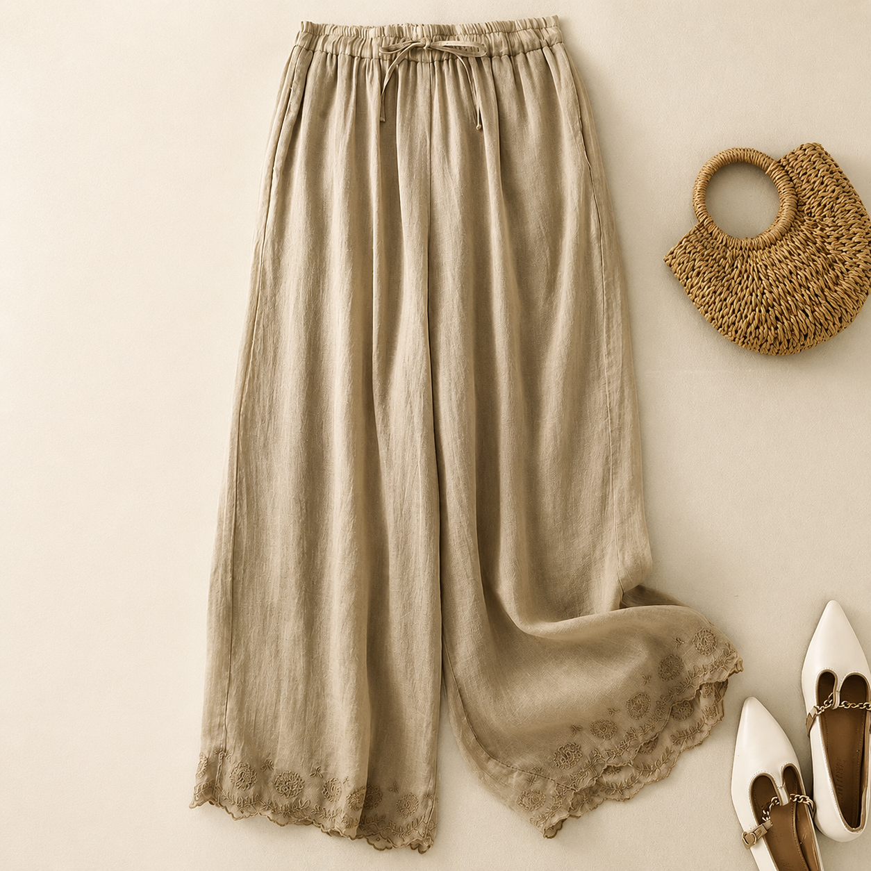 Lace Hem Wide Leg Linen Pants
