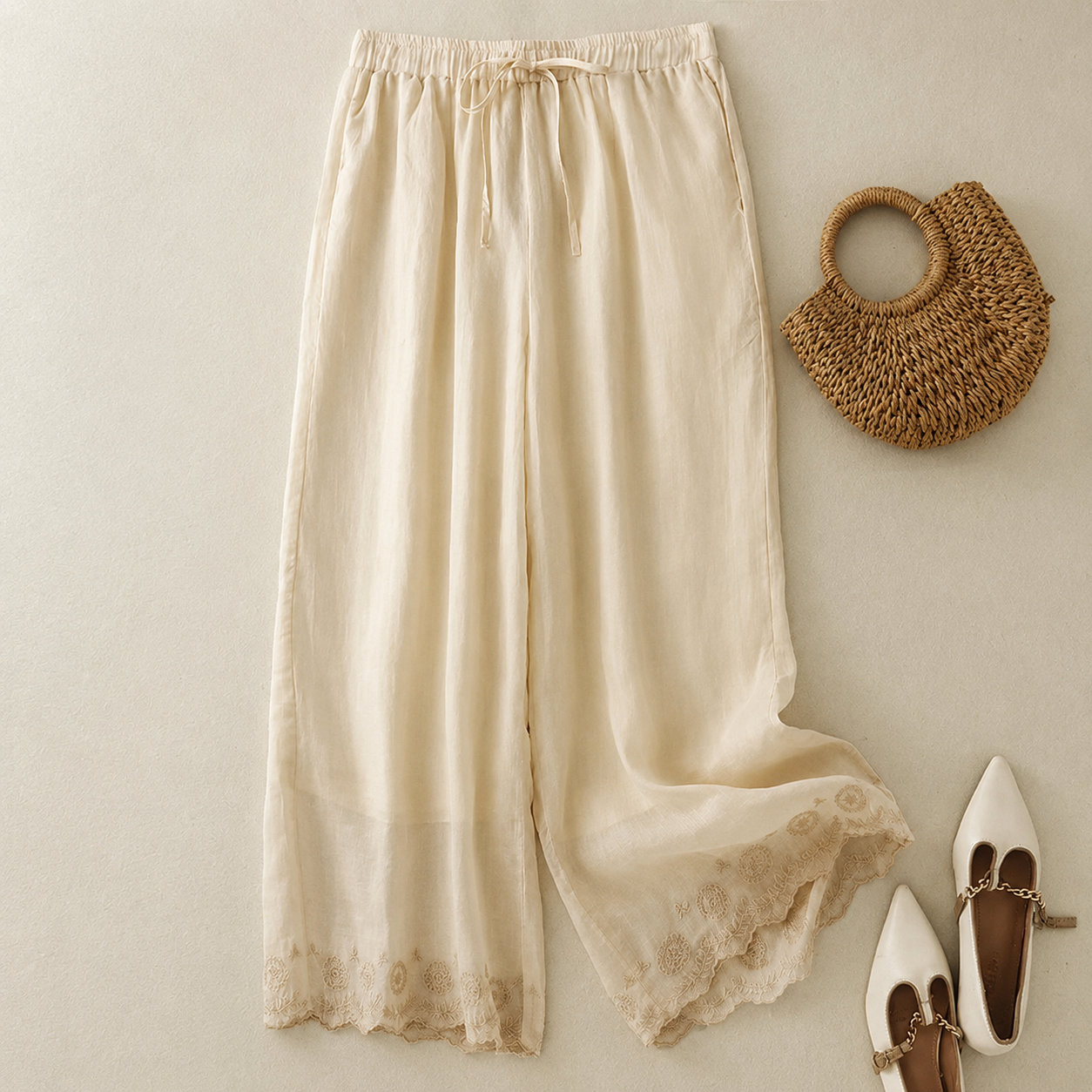 Lace Hem Wide Leg Linen Pants