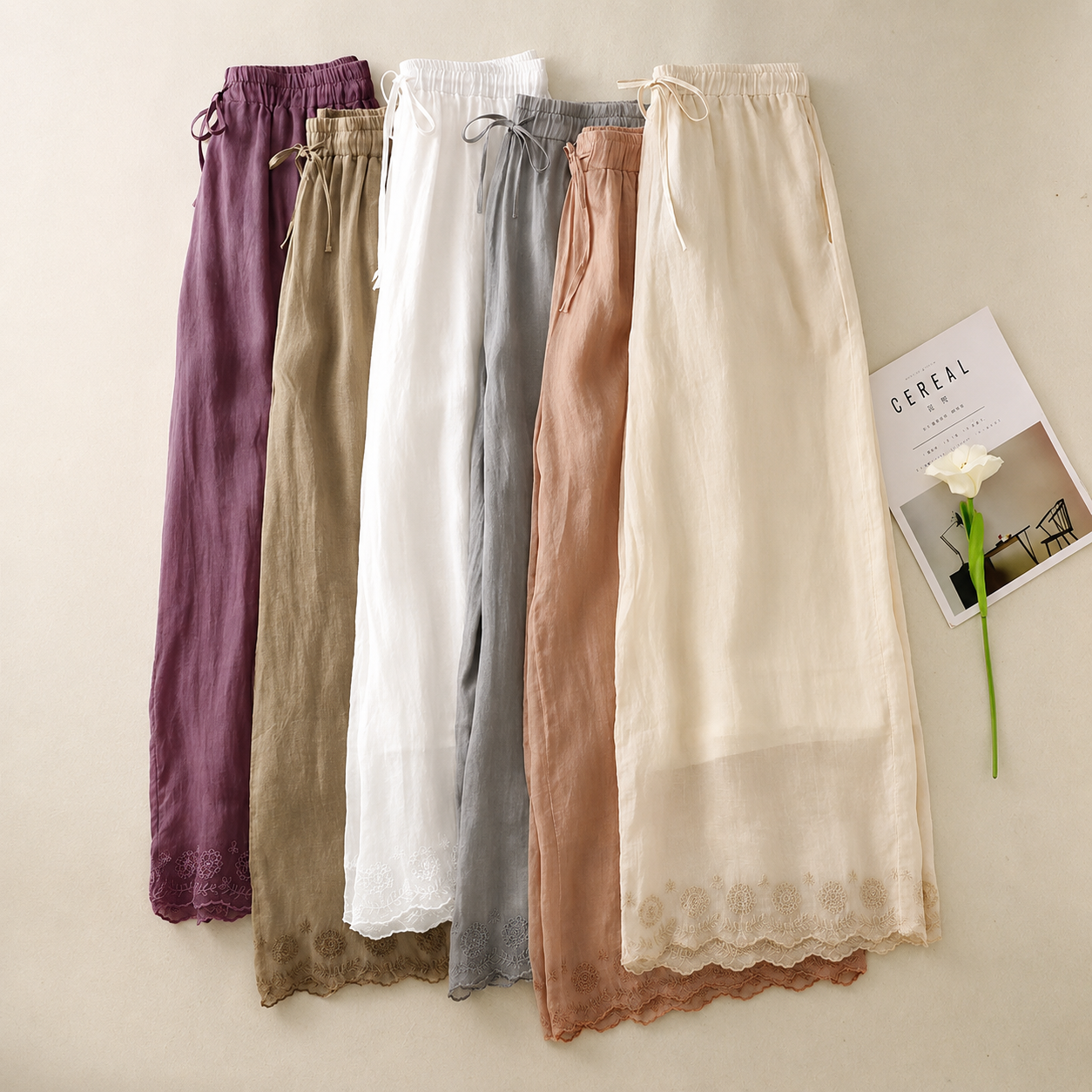 Lace Hem Wide Leg Linen Pants