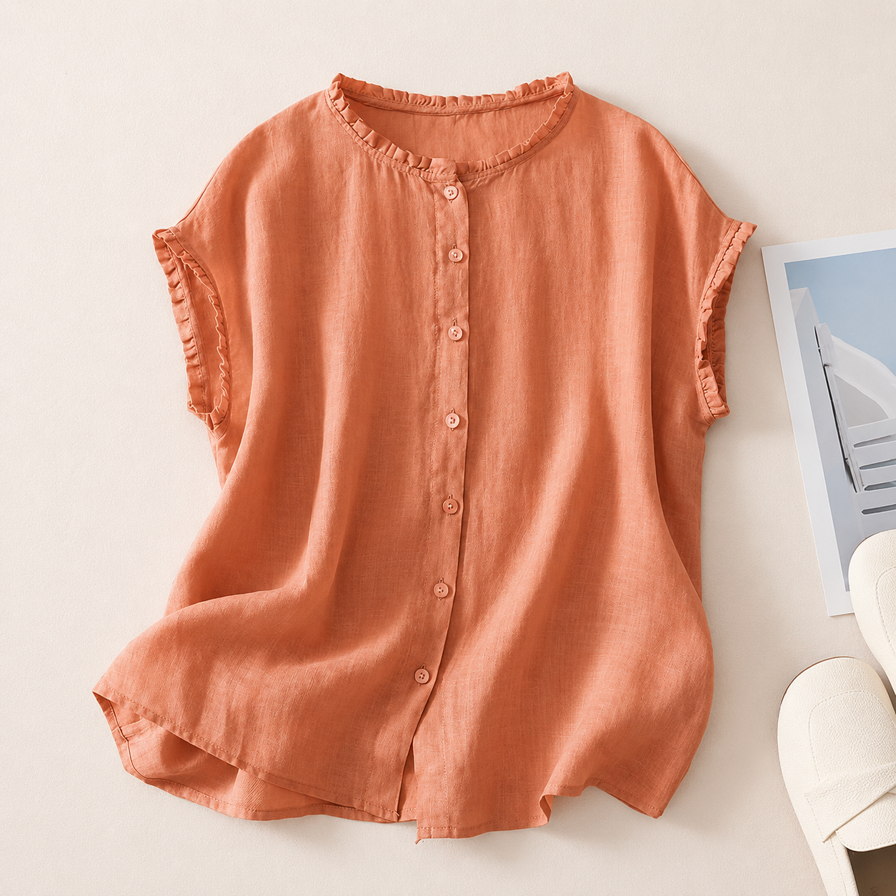 Ruffle Edge Linen Blouse