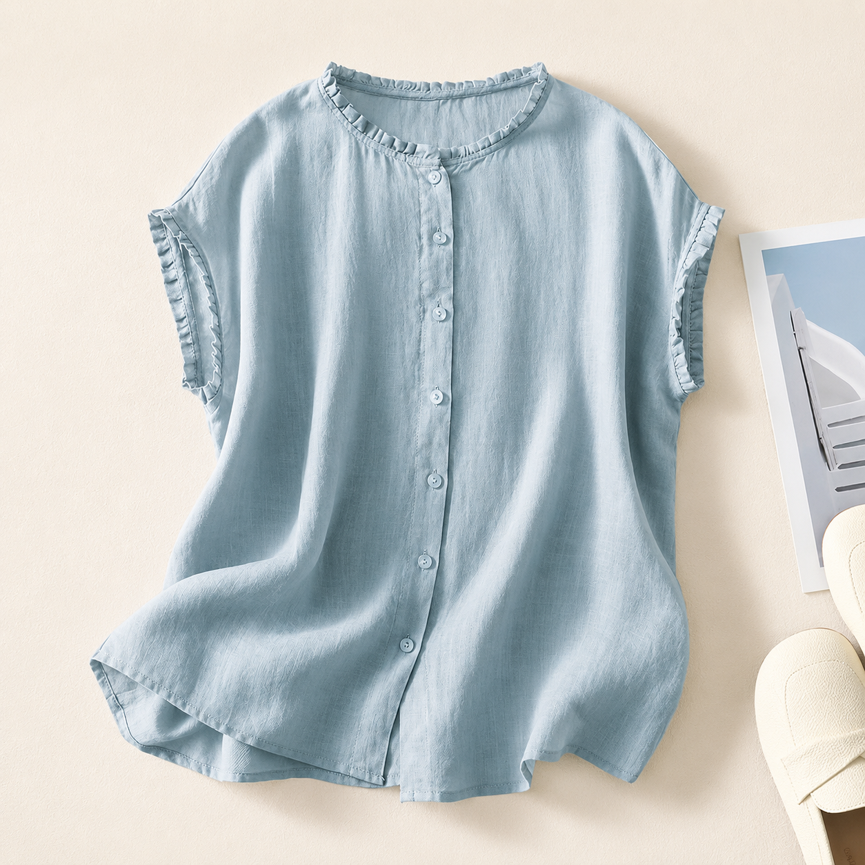 Ruffle Edge Linen Blouse