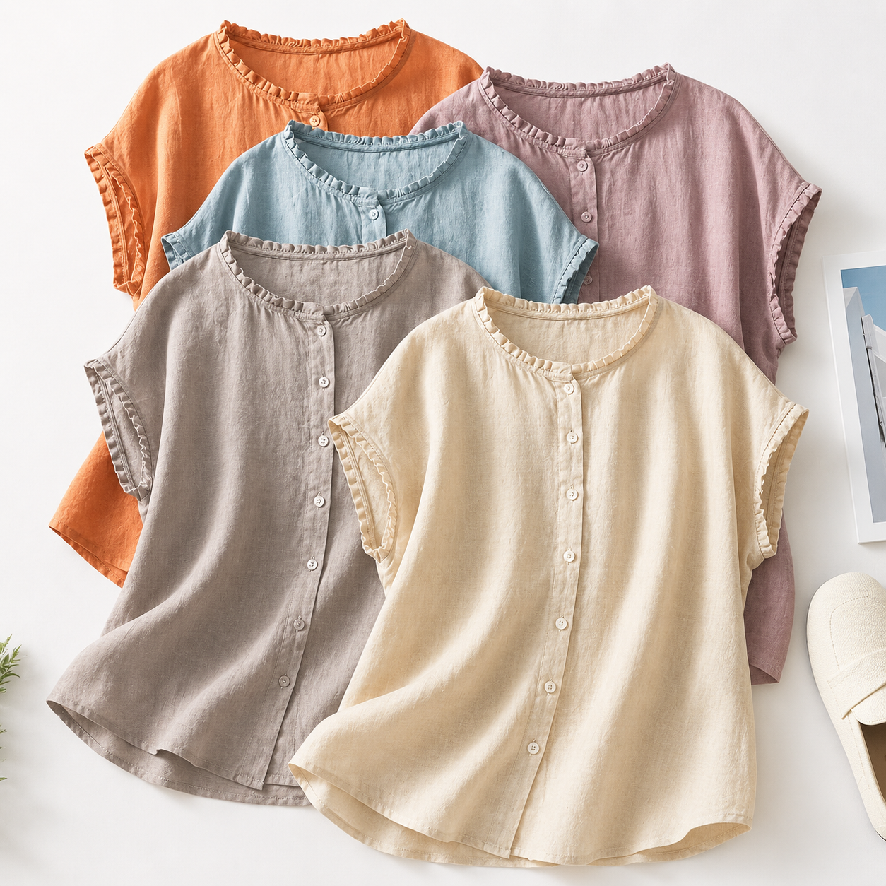 Ruffle Edge Linen Blouse