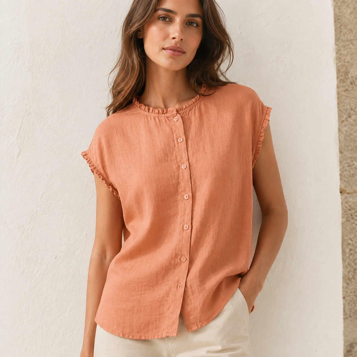 Ruffle Edge Linen Blouse