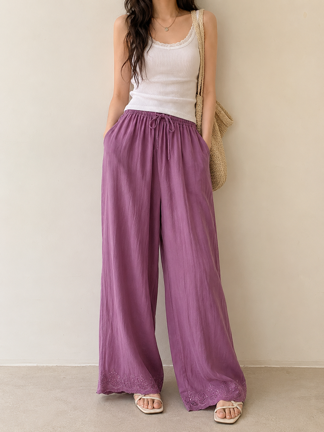 Lace Hem Wide Leg Linen Pants