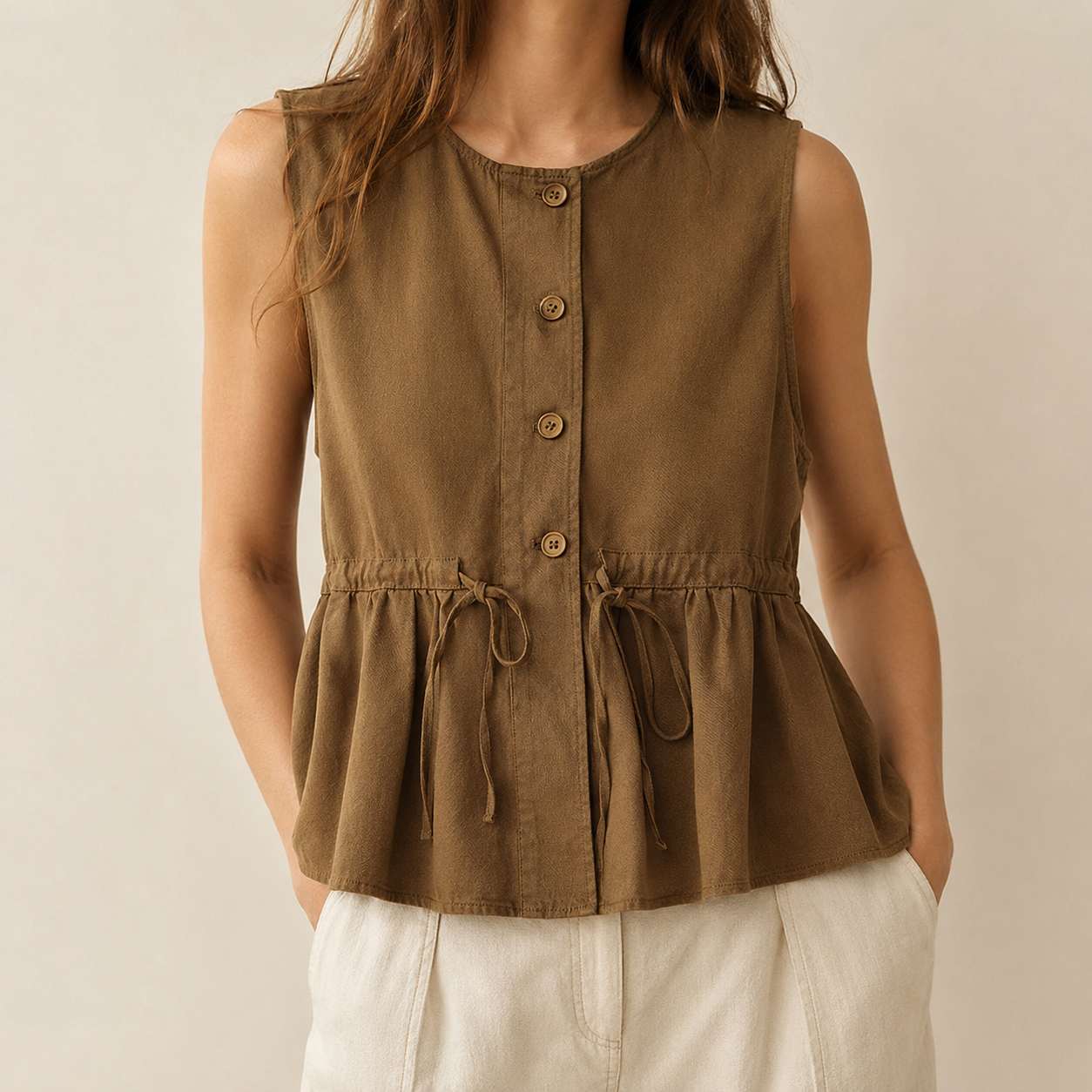 Sleeveless Cotton Drawstring Top